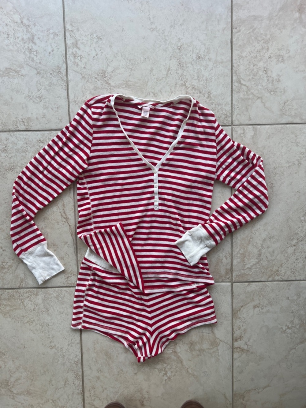 Victoria's Secret Red & White Striped Henley Pajama Set - Picture 3 of 10